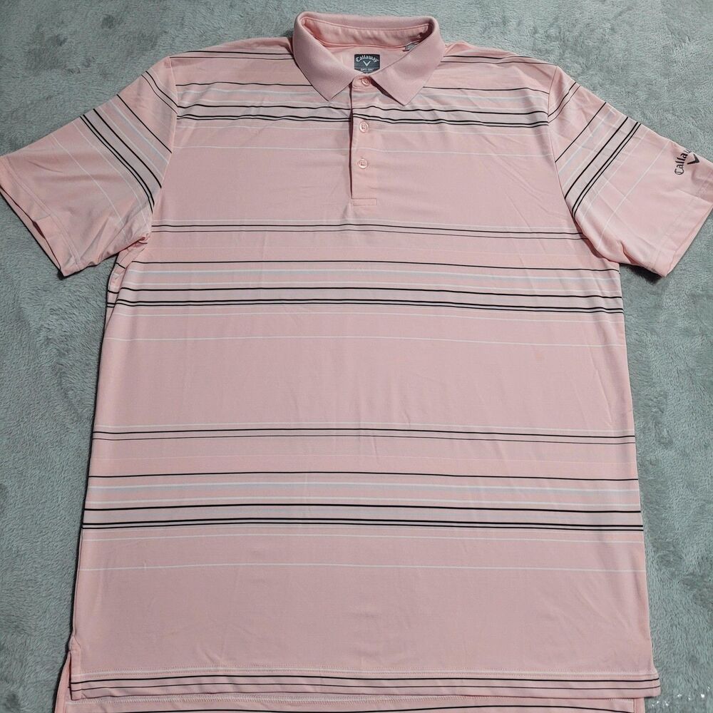Callaway Polo Shirt Mens Large Pink Striped Opti-Dri Golf Performance Stretch